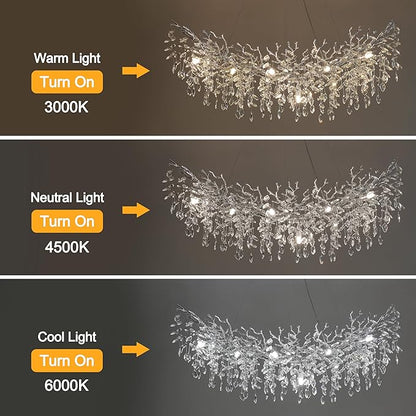 Modern Crystal Tree Branches Chandelier, 40in Silver 10 Lights Large Ceiling Hanging Light for Dining Room, Arc Raindrop Pendant Light Fixture