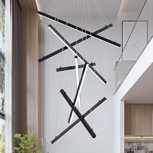 Modern Led Chandelier, High Ceiling Chandelier, Linear Chandelier 8 Lights Black Dimmable Large Pendant Light 98.4" for Living Room Staircase Entry Foyer Lobby Office Duplex 6000K Cool White