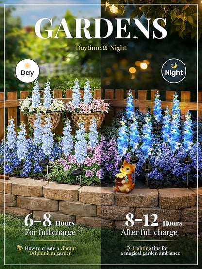 GIGALUMI Solar Lights Outdoor for Garden Decor, 3 Pack Solar Flower Lights Waterproof, 2 Lighting Modes Delphinium for Pathway,Yard, Patio Decoration, Gardening Gifts for Women (Blue)