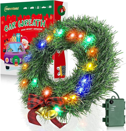moveland 11" LED Christmas Car Wreath - 5 Colors Lights Artificial Christmas Wreath with Bow and Bells - Christmas Decoration for Golf Carts Jeeps Trucks SUVs Decor