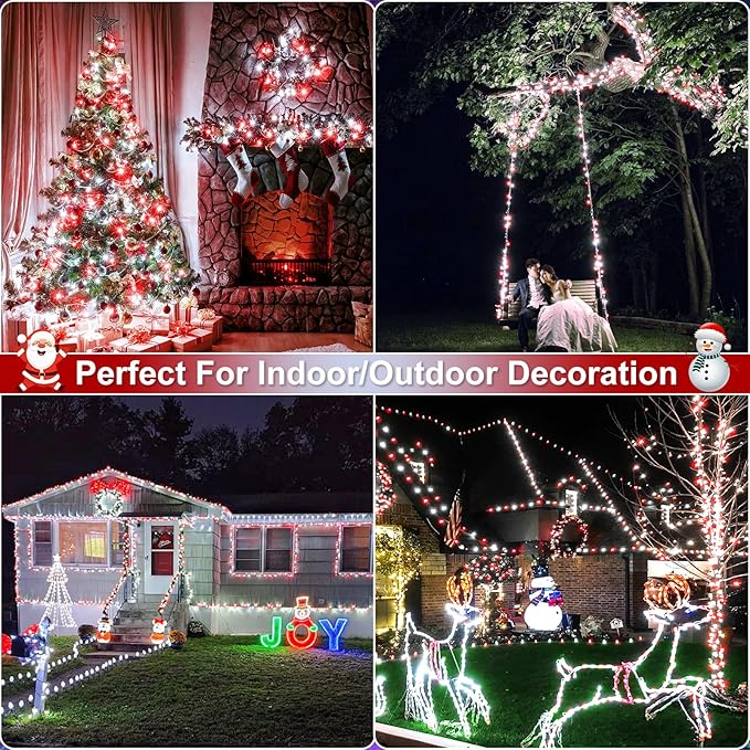 Red and White Christmas Lights, 66FT 200 LED Outdoor String Lights Waterproof with 8 Modes, Connectable Plug in Fairy Light Green Wire for Outside Indoor Patio Garden Xmas Party Holiday Decorations