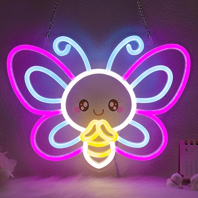 OkiyiD Butterfly Neon Sign – Cute Aesthetic Wall Decor for Girls Room Bedroom Vanity, USB Powered LED Light with Hanging Kit, Dimmable Night Light, Unique Gift for Her