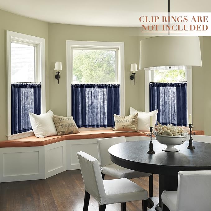 XTMYI Blue Cafe Curtains for Kitchen Window 36 Inch Length Faux Linen Look Short Small Semi Sheer Curtains for Bathroom Bedroom Navy Blue