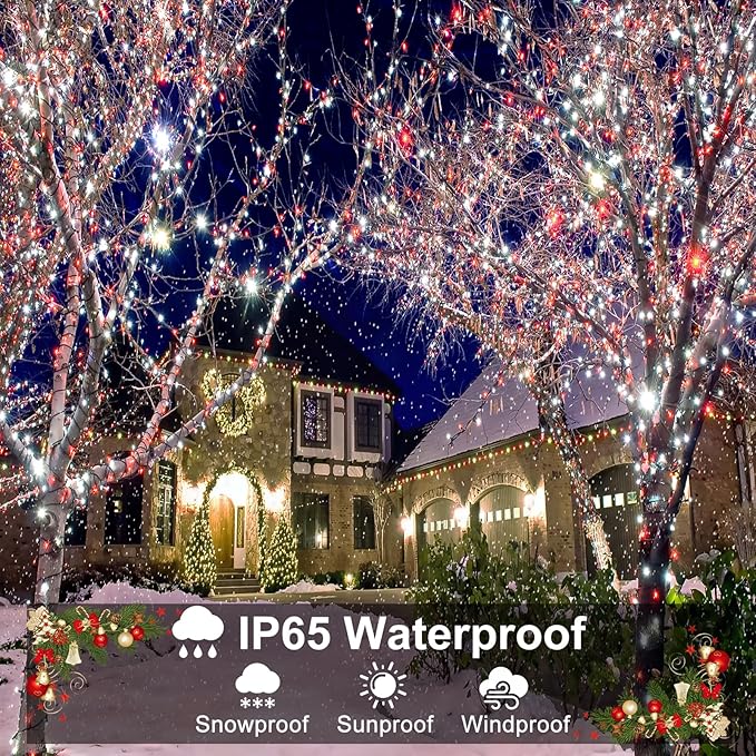 Red and White Christmas Lights, 66FT 200 LED Outdoor String Lights Waterproof with 8 Modes, Connectable Plug in Fairy Light Green Wire for Outside Indoor Patio Garden Xmas Party Holiday Decorations