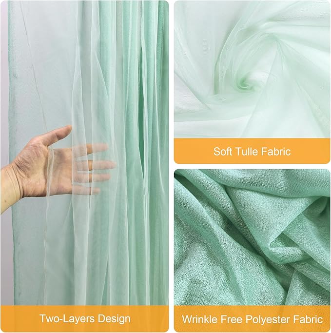 Fomcet Tulle Curtains with Lights String Green 10FT X 8FT Sheer Backdrop Curtains for Parties Wedding Baby Shower Photo Shoot Decorations (2 Panels 5x8FT)