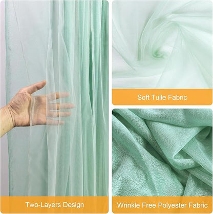 Fomcet Tulle Curtains with Lights String Green 10FT X 8FT Sheer Backdrop Curtains for Parties Wedding Baby Shower Photo Shoot Decorations (2 Panels 5x8FT)