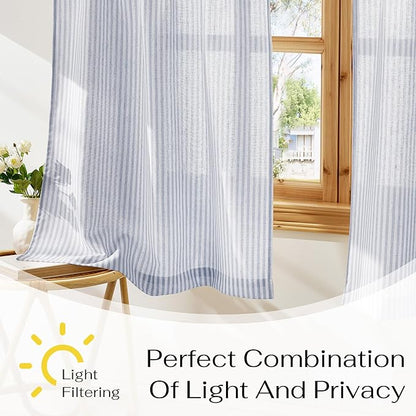 NICETOWN Sheer Blue Linen Kitchen Curtains, Striped Print Farmhouse Decor Cafe Curtains 24 Inch Length, Boho Drapes with Rod Pocket for Living Room Bathroom, 2 Panels, 30×24