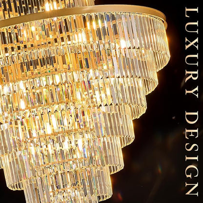 8 Tiers Large Gold Crystal Chandeliers 28 Lights 43.3" Modern Luxury Chandelier for High Ceiling Foyer Round K9 Ceiling Pendant Light Fixture for Living Dining Room Hotel Lobby