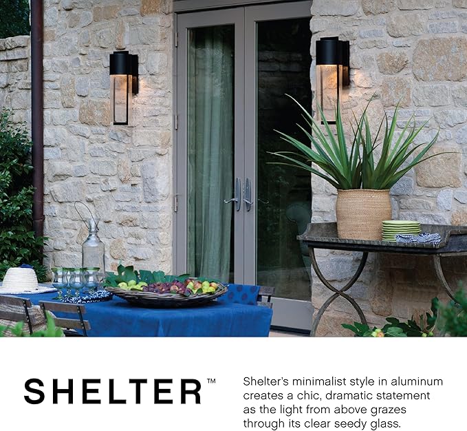 Hinkley Shelter Medium Outdoor Wall Mount Lantern, Minimalist Style, Dark Sky-Compliant, Solid Aluminum/Clear Seedy Glass, Black