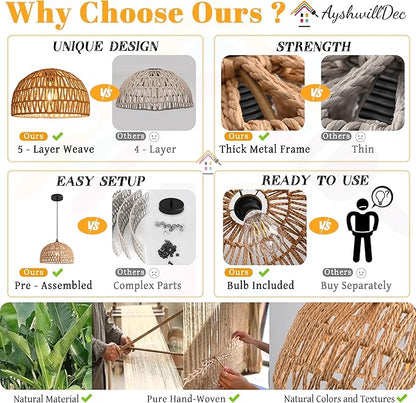 2 Pack Hemp Rope Woven Pendant Light Woven Light Fixture Boho Chandelier Light Fixture Wicker Pendant Lights Rattan Dome Wicker Chandelier for Dining Room Kitchen Island (Bulb Incl.