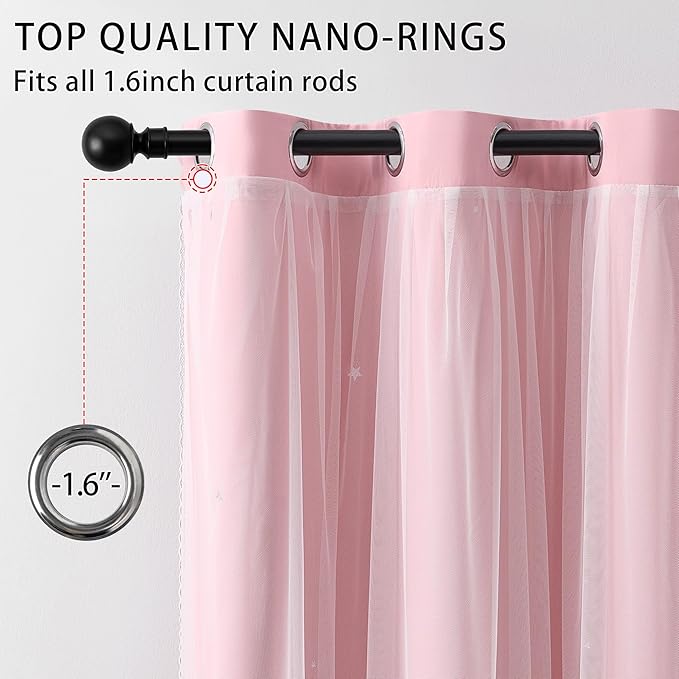 XiDi Pink Blackout Curtains with Sheer Overlay Mix and Match Double Layer 80% Room Darkening Window Treatment Set for Girls Bedroom Living Room Pink Star Drapes with Tiebacks Grommet Top 34" Wx96 Lx2