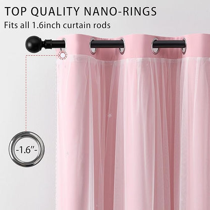 XiDi Pink Blackout Curtains with Sheer Overlay Mix and Match Double Layer 80% Room Darkening Window Treatment Set for Girls Bedroom Living Room Pink Star Drapes with Tiebacks Grommet Top 34" Wx96 Lx2