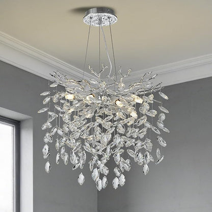 Modern Crystal Tree Branches Chandelier, 18in Silver 6 Lights Large Ceiling Hanging Light for Dining Room, Round Raindrop Pendant Light Fixture