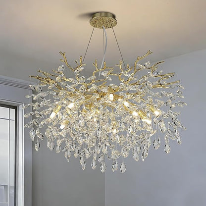 Modern Crystal Tree Branches Chandelier, 30in Gold 10 Lights Large Ceiling Hanging Light for Dining Room, Round Raindrop Pendant Light Fixture
