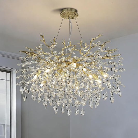 Modern Crystal Tree Branches Chandelier, 30in Gold 10 Lights Large Ceiling Hanging Light for Dining Room, Round Raindrop Pendant Light Fixture
