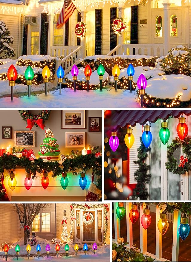 Brightown Jumbo C9 Christmas Lights Outdoor Decorations Lawn with Pathway Marker Stakes, 8 Feet LED Lights Covered Jumbo Multicolored Light Bulb for Holiday Outside Yard Garden Decor, 5 Lights