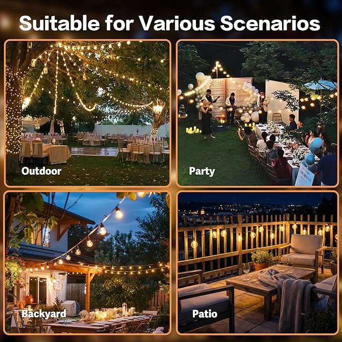 100FT Outdoor String Lights with Remote, 42 Dimmable Shatterproof LED G50 Bulbs, Waterproof Patio & Backyard Lights for Pergola, Deck, Garden, Bistro, Commercial Grade Hanging Lights