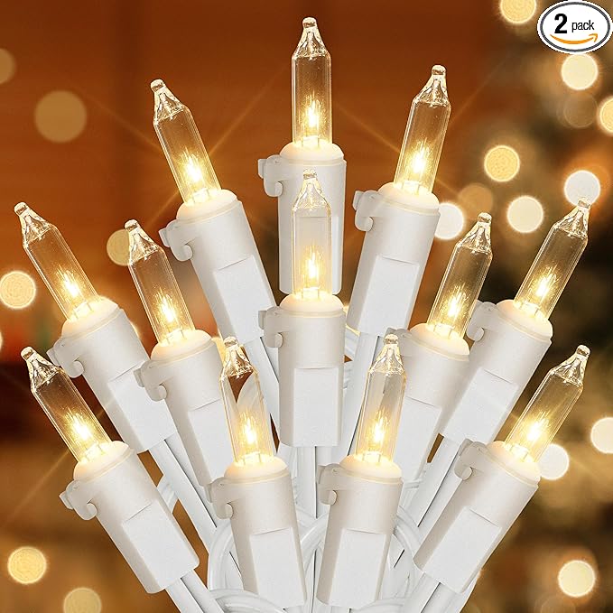 Hopolon Clear Christmas Lights Set,2Pack 50Count 13Feet Incandescent Bulb Mini String Lights with White Wire for Indoor Christmas Tree Garland Birthday Wedding Party Festival Decoration,Warm White