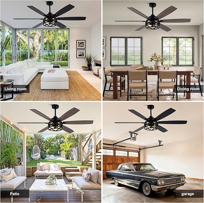 Farmhouse Ceiling Fan with Lights and Remote Large Rustic Ceiling Fan Caged Fandelier Industrial Chandelier Light, Reversible Quiet DC Motor 6 Speed for Indoor Outdoor (Farmhouse, 60 Inch)