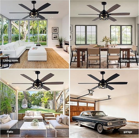 Farmhouse Ceiling Fan with Lights and Remote Large Rustic Ceiling Fan Caged Fandelier Industrial Chandelier Light, Reversible Quiet DC Motor 6 Speed for Indoor Outdoor (Farmhouse, 60 Inch)