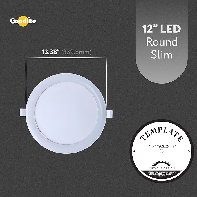 Goodlite 12-inch LED Ultra Round Slim - Recessed Wafer Downlight, High-Output 45W & 4,000 Lumens, 5 Color Selectable 27K-30K-35K-41K-50K, 120-277V, CRI 90+, ETL, Dimmable Triac & 0-10V, 1ct (G-02320)