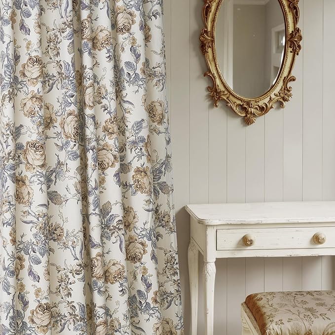 StangH Light Beige Floral Vintage Curtains 96 inches, Botanical Pattern Printed On Velvet Curtains Privacy Thermal Insulated Window Drapes for Cafe Living Room, W52 x L96, 2 Panels