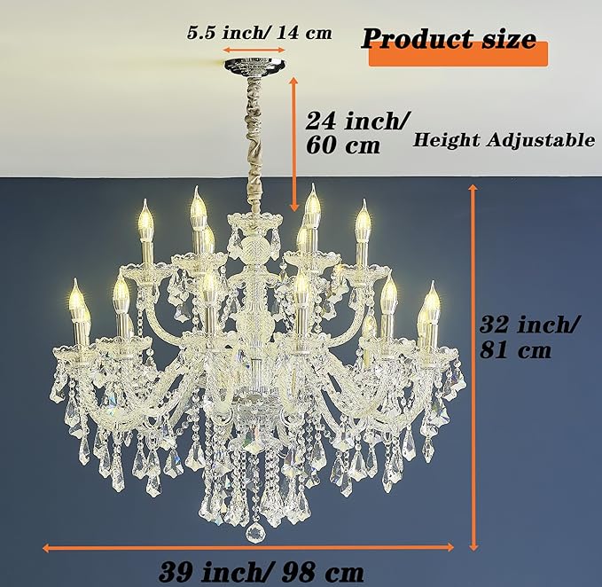 Clear 18 Lights K9 Crystal Chandelier,Chandeliers for Dining Room,Bedroom,Living Room, Candle Pendant Lamp Ceiling Lighting, 39 inch x32 Inch (Color: Clear) with 18pcs 5W E12 LED Bulbs.