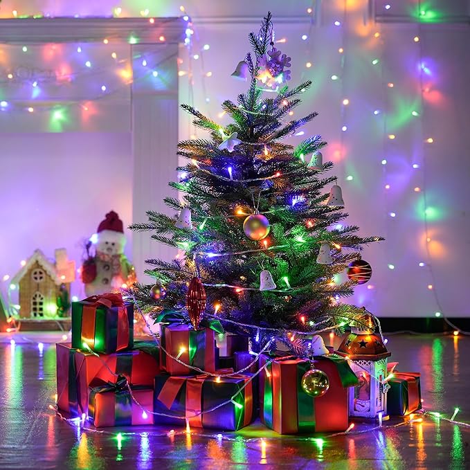 JMEXSUSS Connectable 100 LED Multicolor Christmas Lights for Tree, 8 Modes Indoor Outdoor Clear Wire, 33ft Colorful Plug-in for Christmas Tree Bedroom
