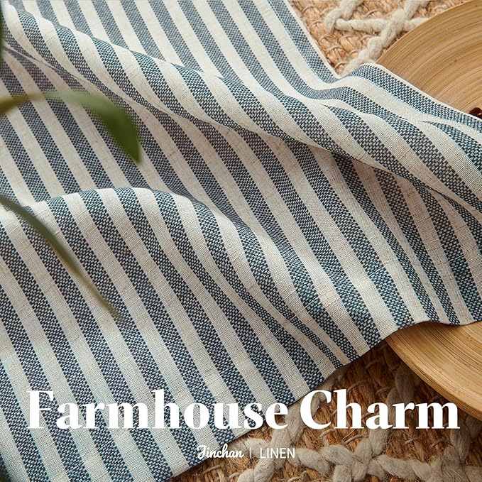 jinchan Striped Linen Kitchen Curtains 20 Inches Length Tier Curtains Farmhouse Modern Cafe Style Small Window Treatments Airy Light Filtering Rod Pocket for Living Room Bathroom 2 Panels Blue