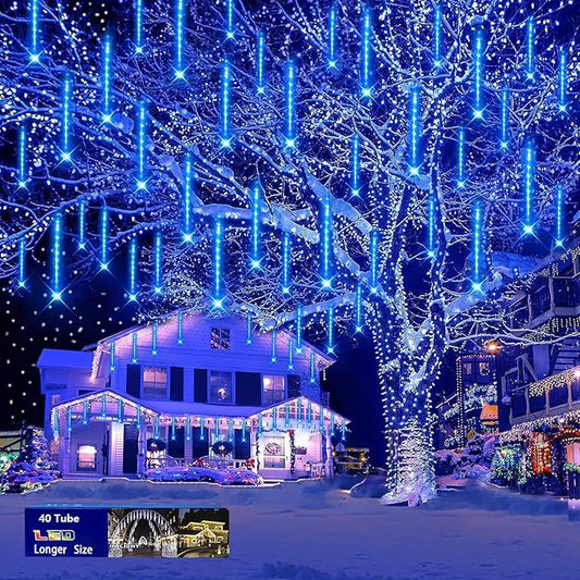 Purtuemy Blue Christmas Icicle Lights Outdoor: 40 Tube(Equivalent to 5 Sets of 8-Tubes) Meteor Shower Rain Lights - Waterproof Christmas Halloween Decorations for Yard Outside Tree Roof, UL Plug