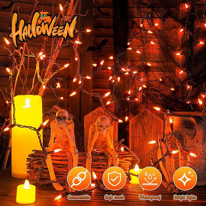 YOUNGAR Orange Halloween Lights, Clear Christmas Lights Outdoor,13FT 50 Approved Christmas String Light with Brown Wire,Incandescent Mini Light Plug in for Indoor Tree Patio Garden Xmas Decor