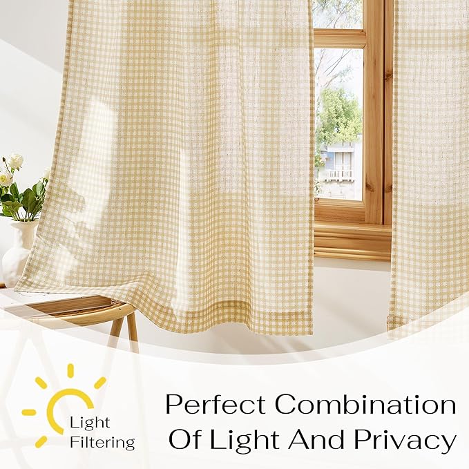 NICETOWN Linen Kitchen Short Curtains 36 Inch Length 2 Panels, Butter Yellow Plaid Rustic Farmhouse Decor Drapes, Light Filtering Tier Curtains with Rod Pocket for Bedroom Bathroom, 30×36