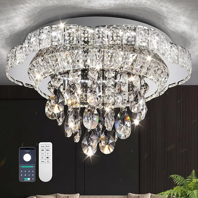 18" Sliver Crystal LED Ceiling Light with Remote Control,Flush Mount Chandelier with 3-Color Dimmable for Living Room Bedroom Dining Room Hallway - Modern Flower Design