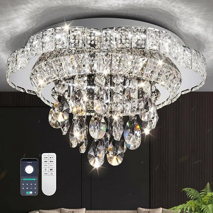 18" Sliver Crystal LED Ceiling Light with Remote Control,Flush Mount Chandelier with 3-Color Dimmable for Living Room Bedroom Dining Room Hallway - Modern Flower Design