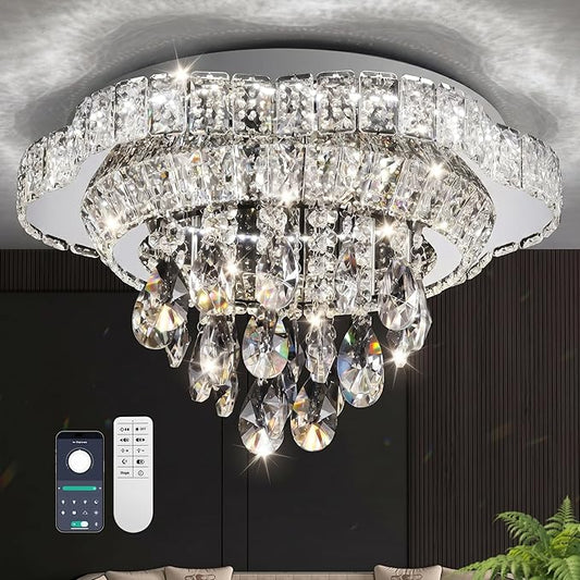 18" Sliver Crystal LED Ceiling Light with Remote Control,Flush Mount Chandelier with 3-Color Dimmable for Living Room Bedroom Dining Room Hallway - Modern Flower Design