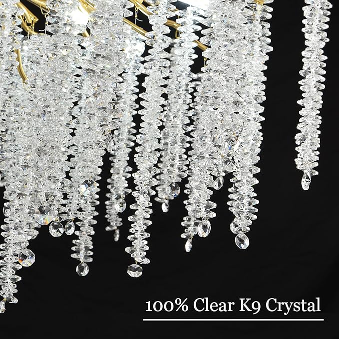 Modern Crystal Tree Branch Chandelier, Gold Linear Art Deco Raindrop Indoor Hanging Pendant Light Fixture for Dining Room Kitchen Island Living Room Bedroom 13 Lights L40''