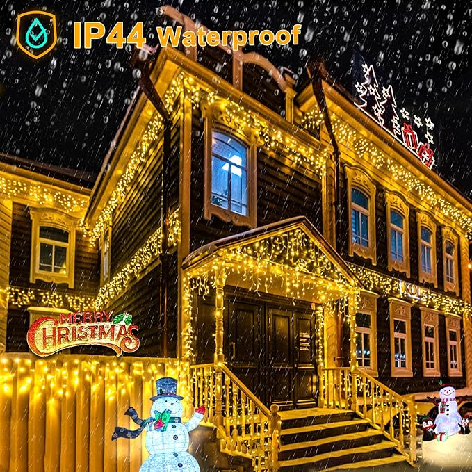 Warm White Christmas Lights Outdoor, 66ft 640 LED Icicle Lights for Outside House with Connectable Clear Wire 8 Modes Timer, Plug in Waterproof for Eaves Yard Party Indoor Holiday Decoration