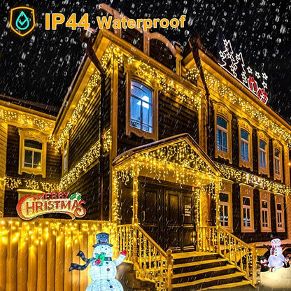 Warm White Christmas Lights Outdoor, 66ft 640 LED Icicle Lights for Outside House with Connectable Clear Wire 8 Modes Timer, Plug in Waterproof for Eaves Yard Party Indoor Holiday Decoration