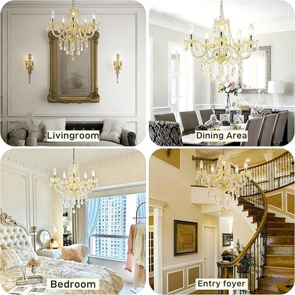 PAPAYA Plug-in 5 Light Gold Crystal Hanging Pendant Lights Acrylic Chandelier with Cord & On/Off Switch H19 D19.7 for Kitchen Island Girls' Room Dining Area Laundry Pavilion