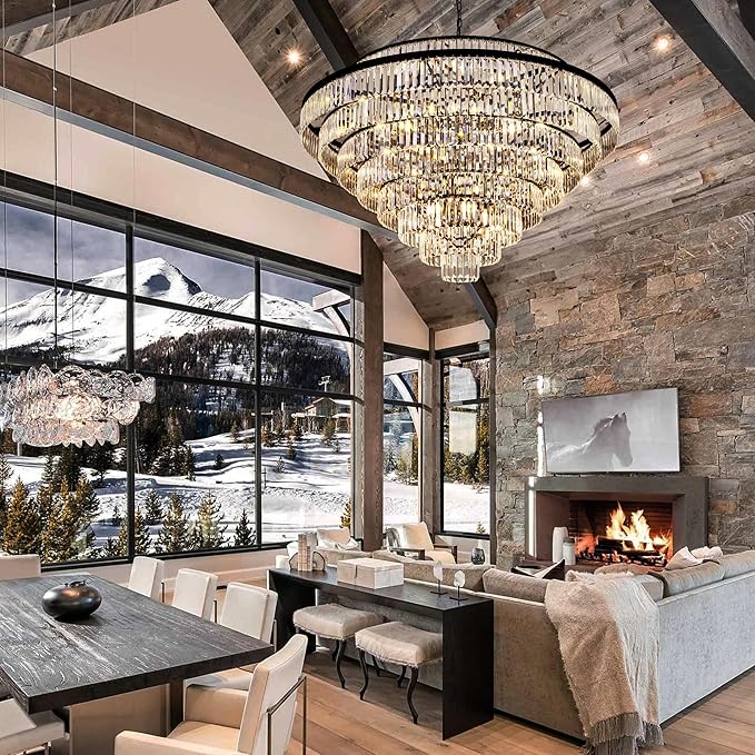 Wellmet Large Crystal Chandelier, 48’’ Black Farmhouse Chandelier, 9 Tier Luxury Crystal Pendant Light, for Living Room, Entryway, Dining Room, Hallway, Restaurant
