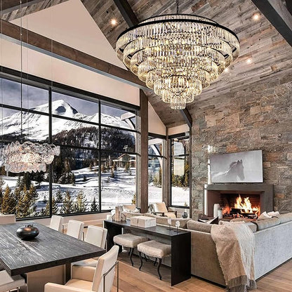 Wellmet Large Crystal Chandelier, 48’’ Black Farmhouse Chandelier, 9 Tier Luxury Crystal Pendant Light, for Living Room, Entryway, Dining Room, Hallway, Restaurant