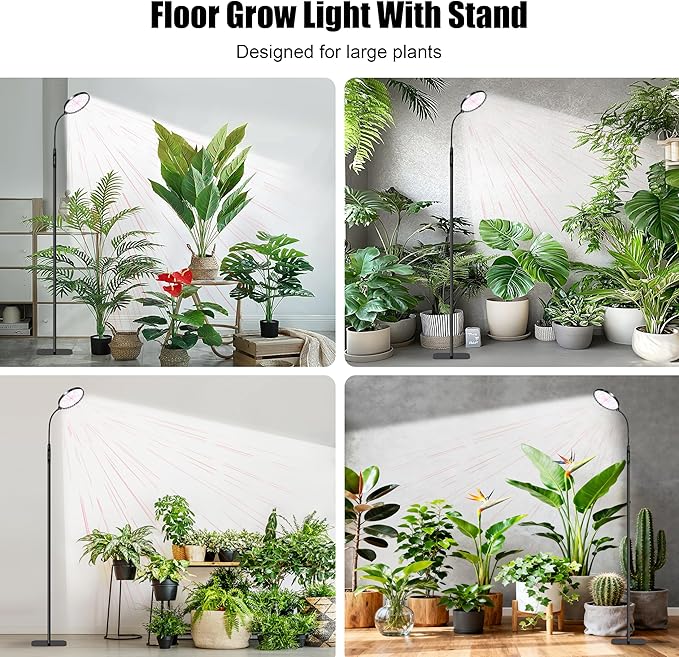 Hywyimlait Floor Grow Lights for Indoor Plants, Full Spectrum Plant Light with Stand for Growing Large Tall Plants, Grow Lamps with 4/8/12/18H Timer, 3 Light Modes, 10 Dimming,Height Adjustable, Black