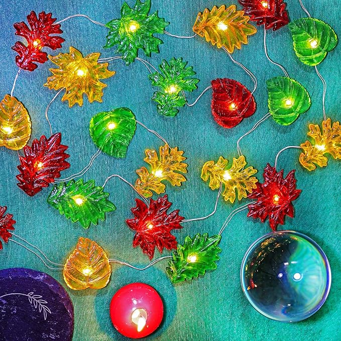 Solar String Lights Fall Forest Leaf Lights Outdoor Garden Tree Décor Thanksgiving Decorative lights Autumn Light up Maple Oak Leaves Decorations Harvest Garland 14ft 40LED Balcony Pathway Bush Decor