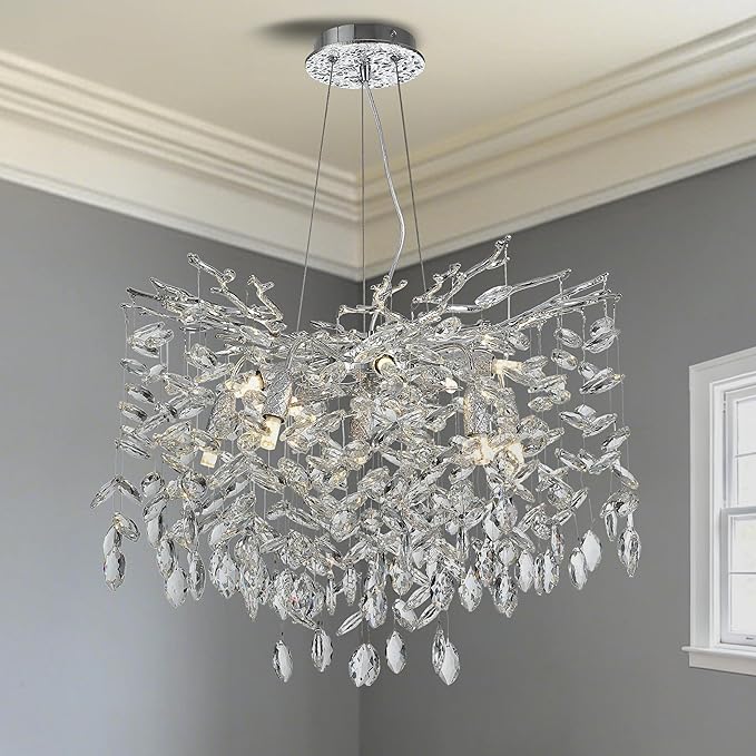 Modern Crystal Tree Branches Chandelier, 23.5in Silver 8 Lights Large Ceiling Hanging Light for Dining Room, Round Raindrop Pendant Light Fixture
