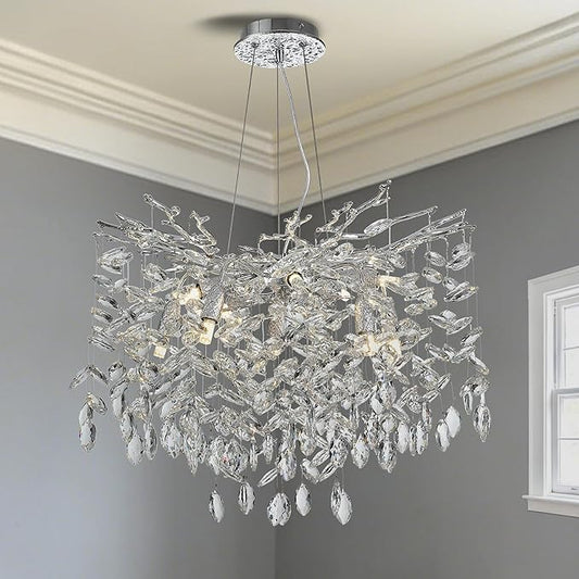 Modern Crystal Tree Branches Chandelier, 23.5in Silver 8 Lights Large Ceiling Hanging Light for Dining Room, Round Raindrop Pendant Light Fixture