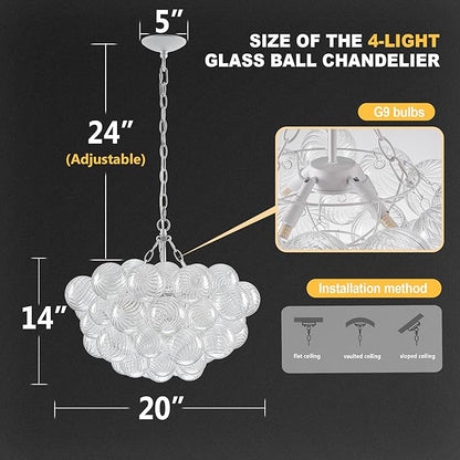 Hand Blown Glass Bubble Ball Chandelier White Finish 20" Small Pendant Lights Art Deco Cluster Swirled Ribbed Globe Blown Glass Chandeliers for Dining Room Bathroom Entry Bedroom