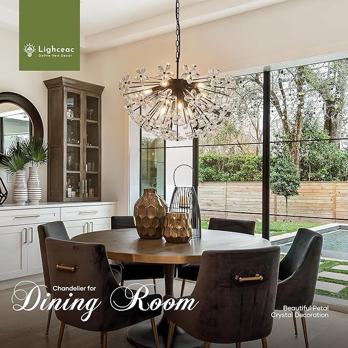 24" Modern Black Crystal Sputnik Chandelier for Dining Living Room Glam Luxury Petal Semicircle Chandelier 8-Light for Foyer Hallway Elegant Pendant Ceiling Light Fixture for Kitchen Bedroom