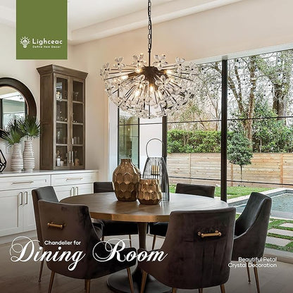 24" Modern Black Crystal Sputnik Chandelier for Dining Living Room Glam Luxury Petal Semicircle Chandelier 8-Light for Foyer Hallway Elegant Pendant Ceiling Light Fixture for Kitchen Bedroom