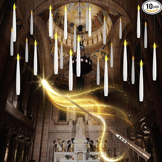 LUSHARBOR Floating Candles with Wand, 10 Pack Halloween Flameless Candles Battery Operated LED Taper Hanging Electric Candle for Christmas Halloween Birthday Party Decor 6.1in