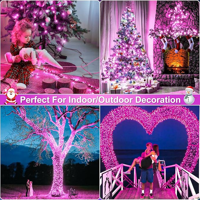 2 Pack Christmas Lights Outdoor, Total 200FT 600LED String Lights for Outside Waterproof with 8 Modes, Green Wire Twinkle Lights for Indoor Room Patio Garden Party Decorations, Pink